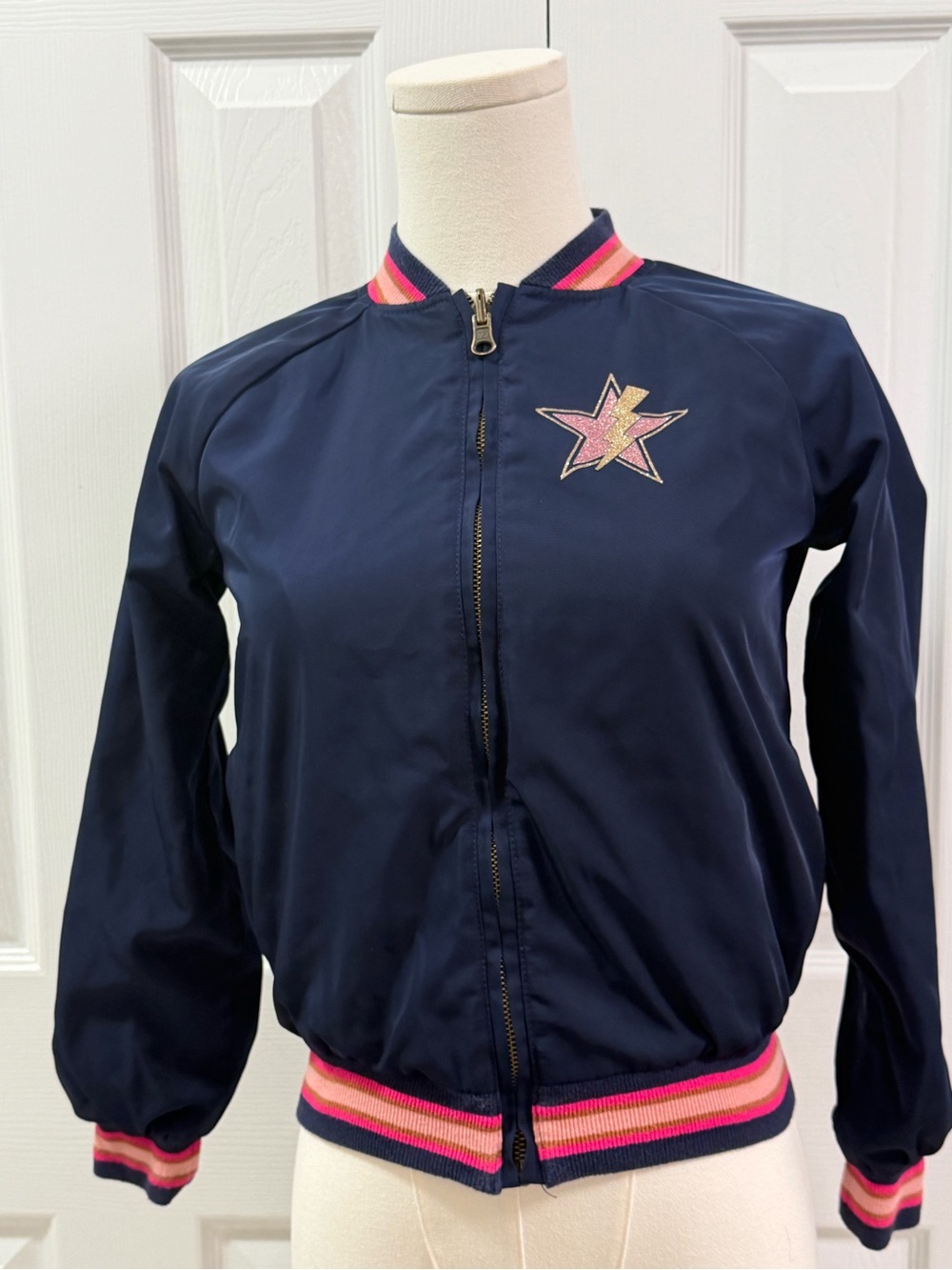 Epic Threads Girls M Navy Bomber Jacket Tiger C’Est La Vie Leopard Lining